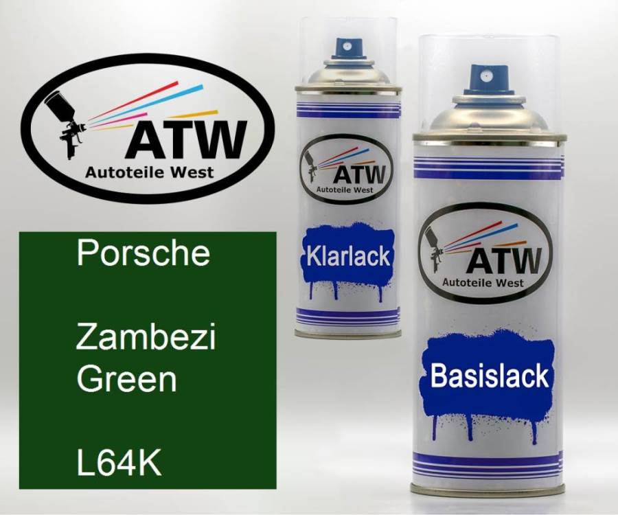 Porsche, Zambezi Green, L64K: 400ml Sprühdose + 400ml Klarlack - Set, von ATW Autoteile West.